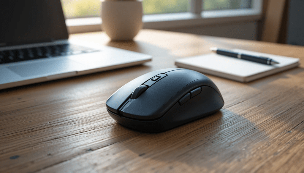 Macally Bluetooth Optical Quiet Click Mouse: A Complete Review for Office, Students, and Everyday Use "A sleek Macally Bluetooth Optical Quiet Click Mouse placed on a modern wooden office desk, soft natural light coming from a window, minimalist setup with a laptop, notebook, and pen nearby, focus on the mouse showing its ergonomic design and buttons, shallow depth of field, realistic texture, high-resolution, photorealistic, professional product photography style"